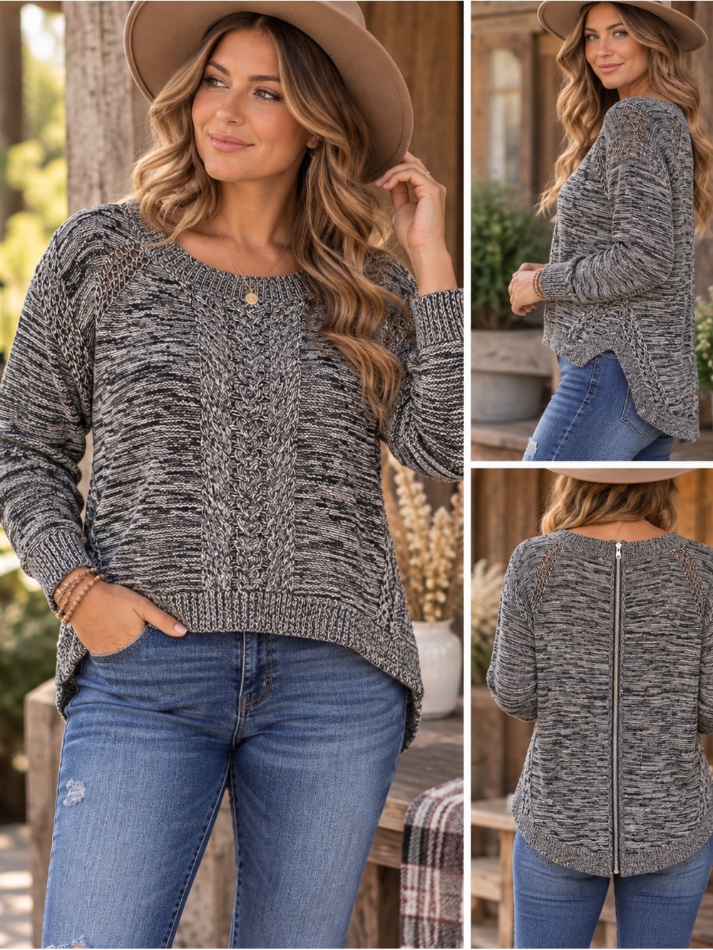 Willow High Low Cable Knit Sweater Women’s | Size Medium | Black Marled Zipper